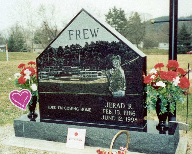 Frew Baseball Base and Stadium Etchings on Infant and Child Monument